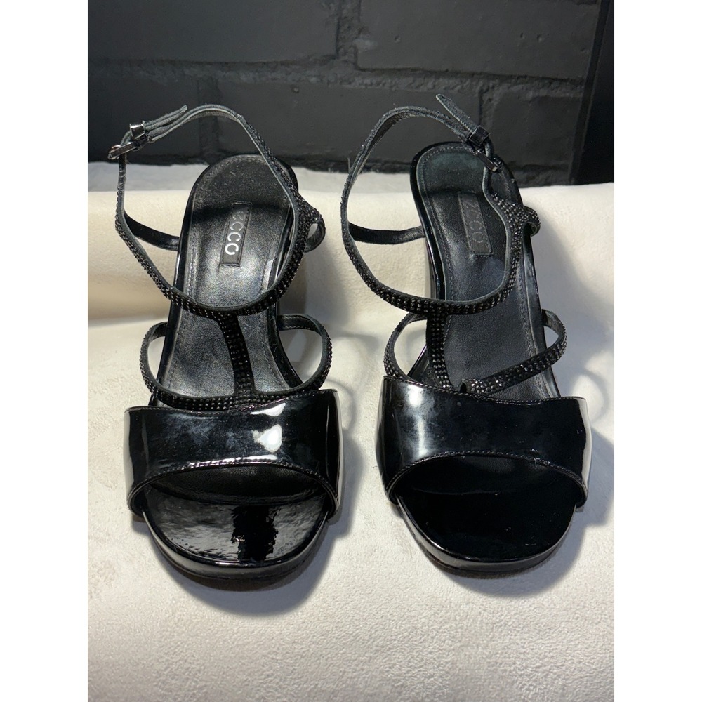ECCO Black Patent Leather Rhinestone T-Strap Heeled Sandals Womens 40 EU